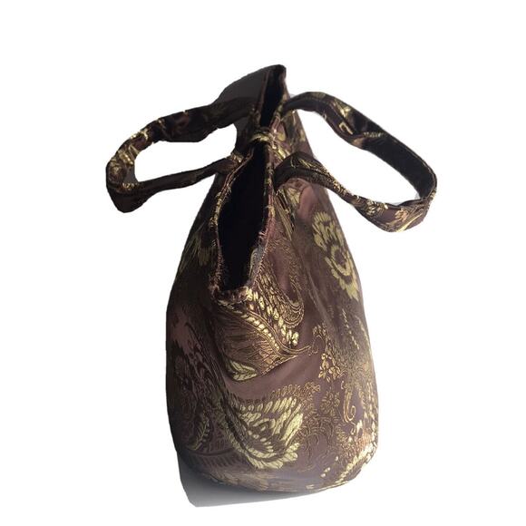 Vintage Purse Brocade Fabric Handbag Metallic Brown Gold Faux Marble Button - Picture 5 of 11